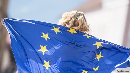 Das Foto zeigt ein Mädchen, das eine EU-Fahne als Umgang nutzt. Die Sterne sind zu erkennen, über dem Rand der Fahne ihre Haare.